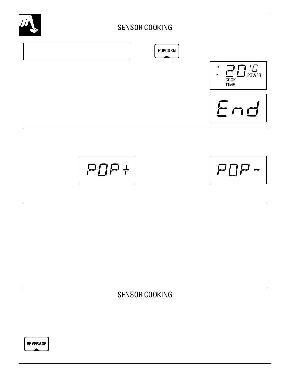 Beverage, Popcorn, Sensor cooking | GE 49-8627 User Manual | Page 20 / 36