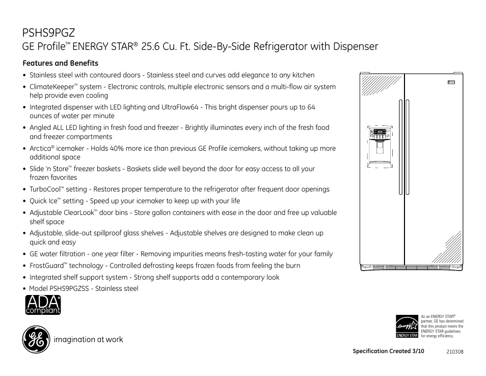Pshs9pgz, Ge profile, Energy star | 6 cu. ft. side-by-side refrigerator with dispenser | GE ENERGY STAR PSHS9PGZSS User Manual | Page 2 / 2