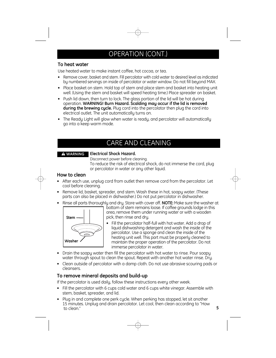 Care and cleaning, Operation (cont.) | GE 681131691857 User Manual | Page 5 / 6