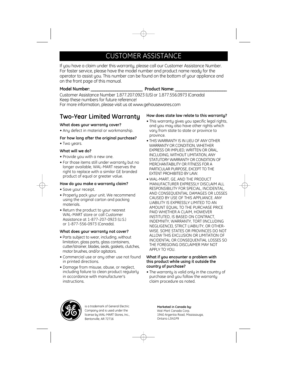 Customer assistance, Two-year limited warranty | GE 681131691857 User Manual | Page 6 / 6