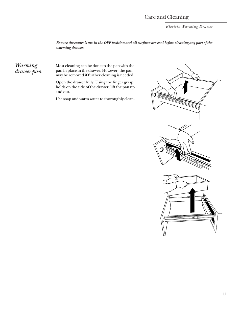 Removing the drawer, Care and cleaning, Warming drawer pan | GE ZDK910 User Manual | Page 11 / 16