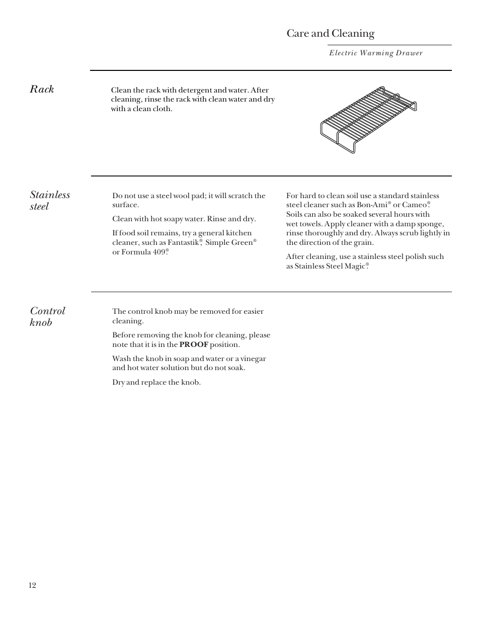 Rack, Stainless steel, Control knob | Rack stainless steel control knob, Care and cleaning | GE ZDK910 User Manual | Page 12 / 16