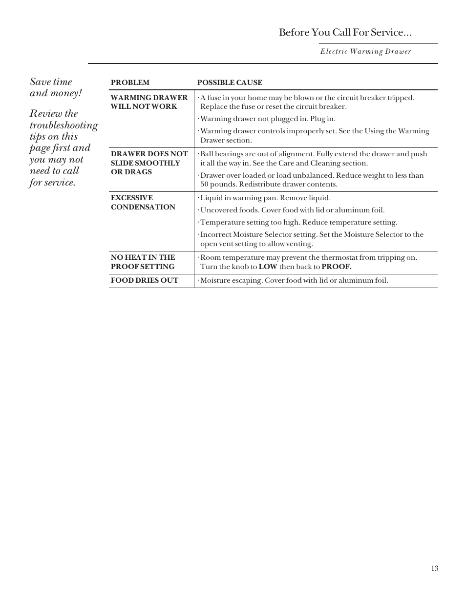 Before you call for service | GE ZDK910 User Manual | Page 13 / 16