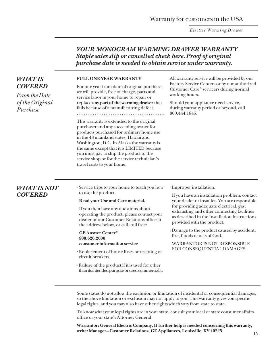 Warranty, Warranty , 16, What is not covered | Warranty for customers in the usa | GE ZDK910 User Manual | Page 15 / 16