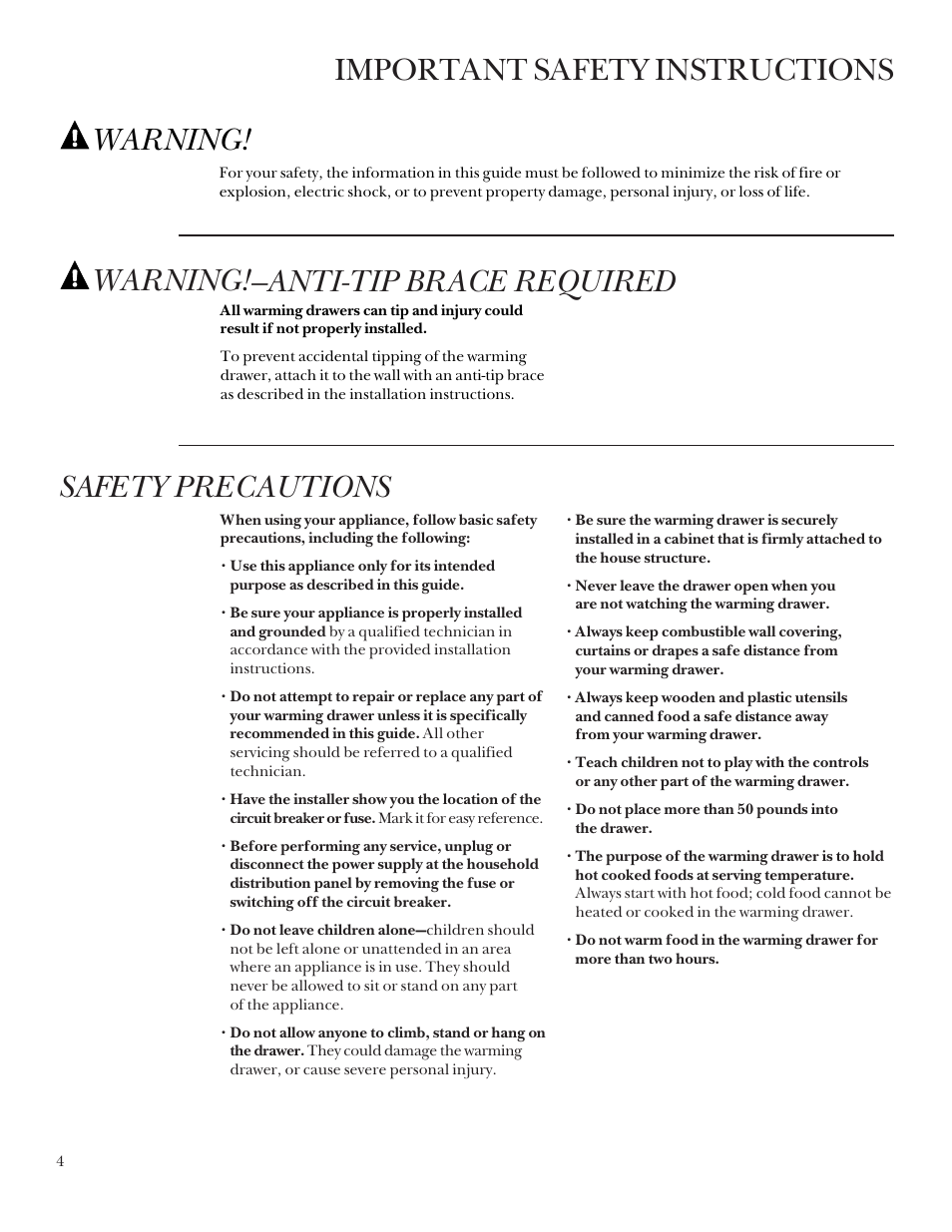 Safety instructions, Safety instructions , 5, Important safety instructions safety precautions | Warning!—anti-tip brace required, Warning | GE ZDK910 User Manual | Page 4 / 16