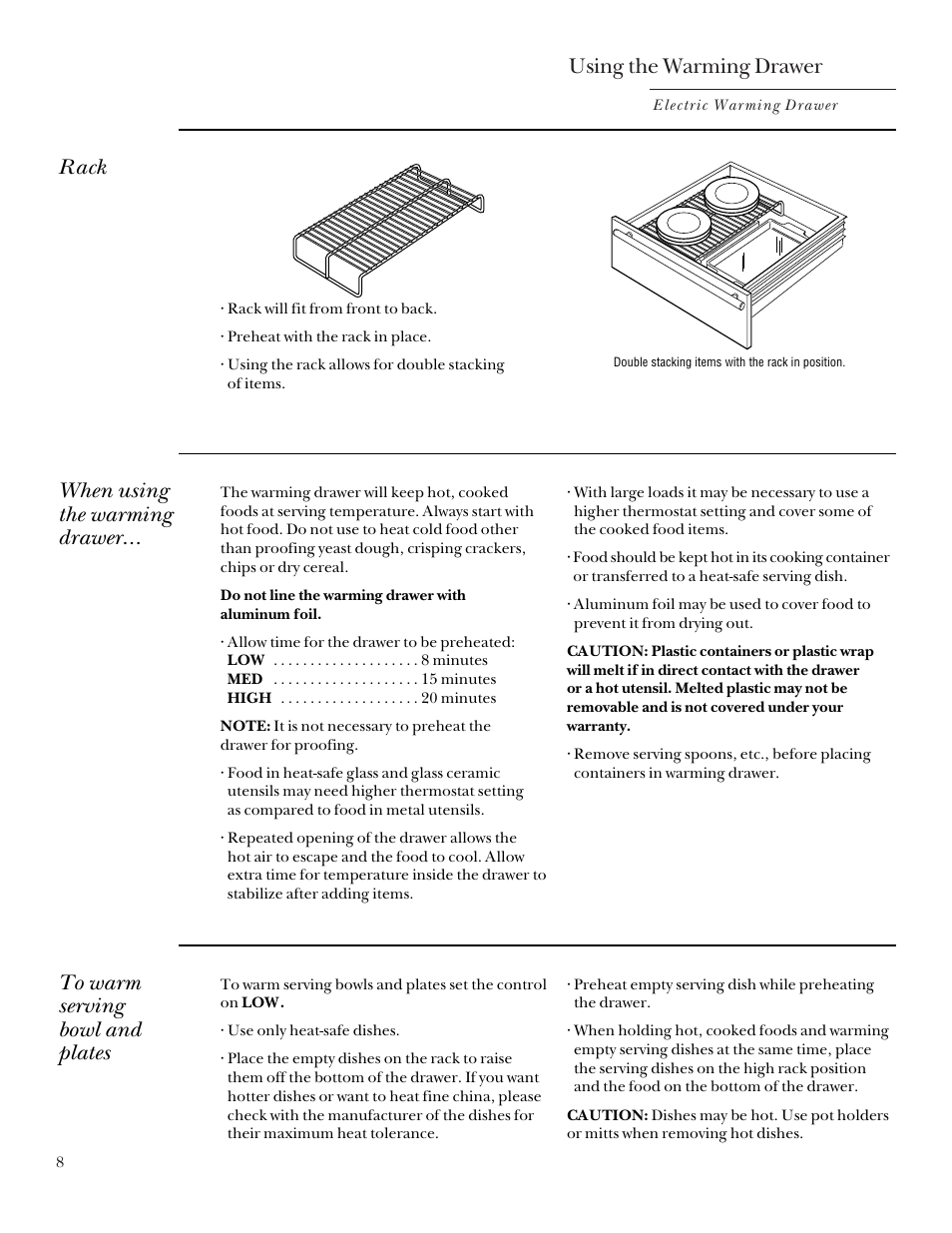 Rack, Using the warming drawer, When using the warming drawer | GE ZDK910 User Manual | Page 8 / 16
