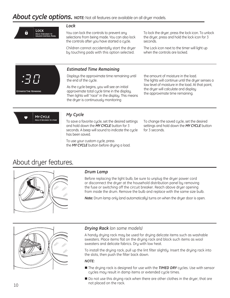 Dryer features, About cycle options, About dryer features | GE 234D1050P001 User Manual | Page 10 / 56