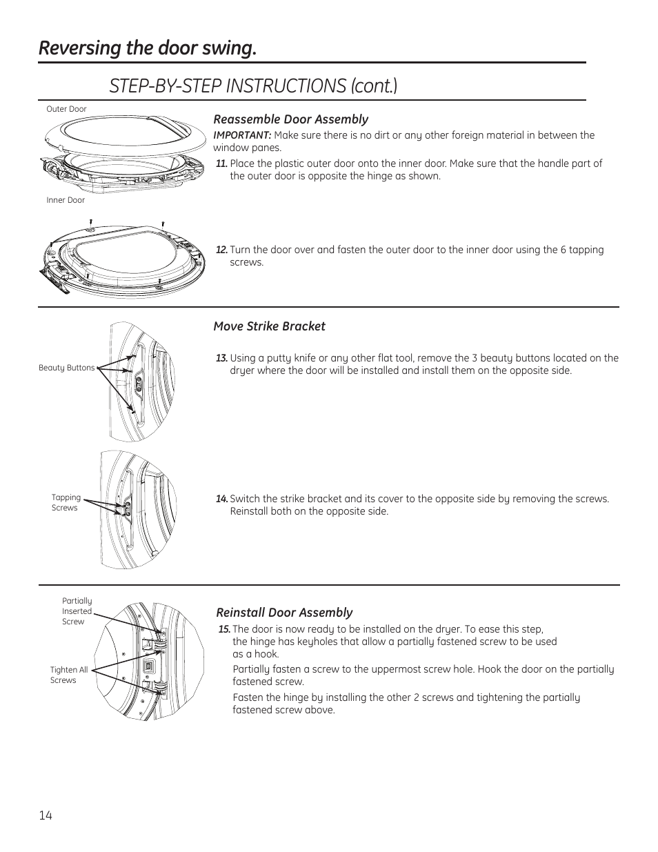 Step-by-step instructions (cont. ), Reversing the door swing | GE 234D1050P001 User Manual | Page 14 / 56