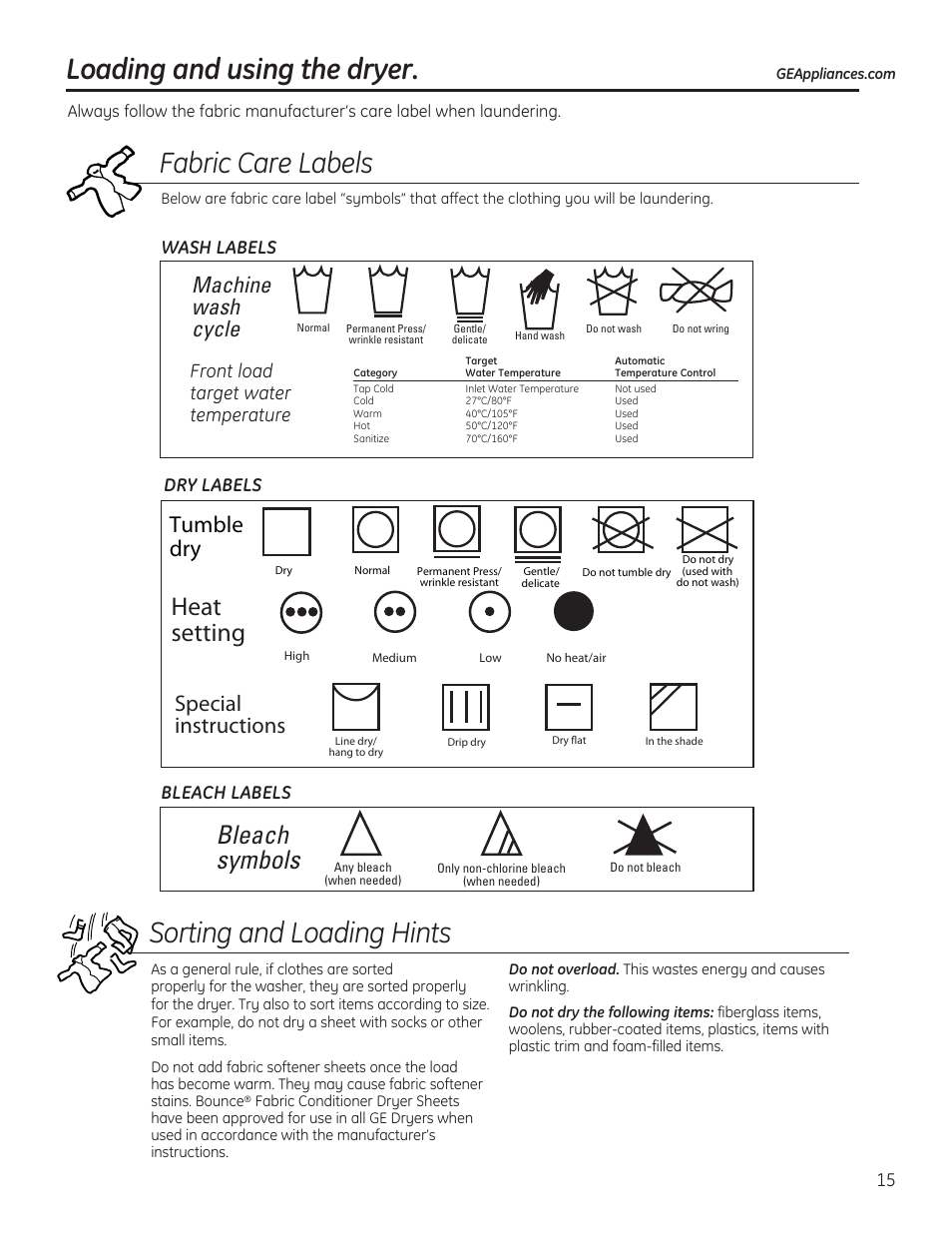 Loading and using, The dryer -16, Fabric care labels | Heat setting, Bleach symbols, Tumble dry, Machine wash cycle, Special instructions, Front load target water temperature, Wash labels dry labels | GE 234D1050P001 User Manual | Page 15 / 56