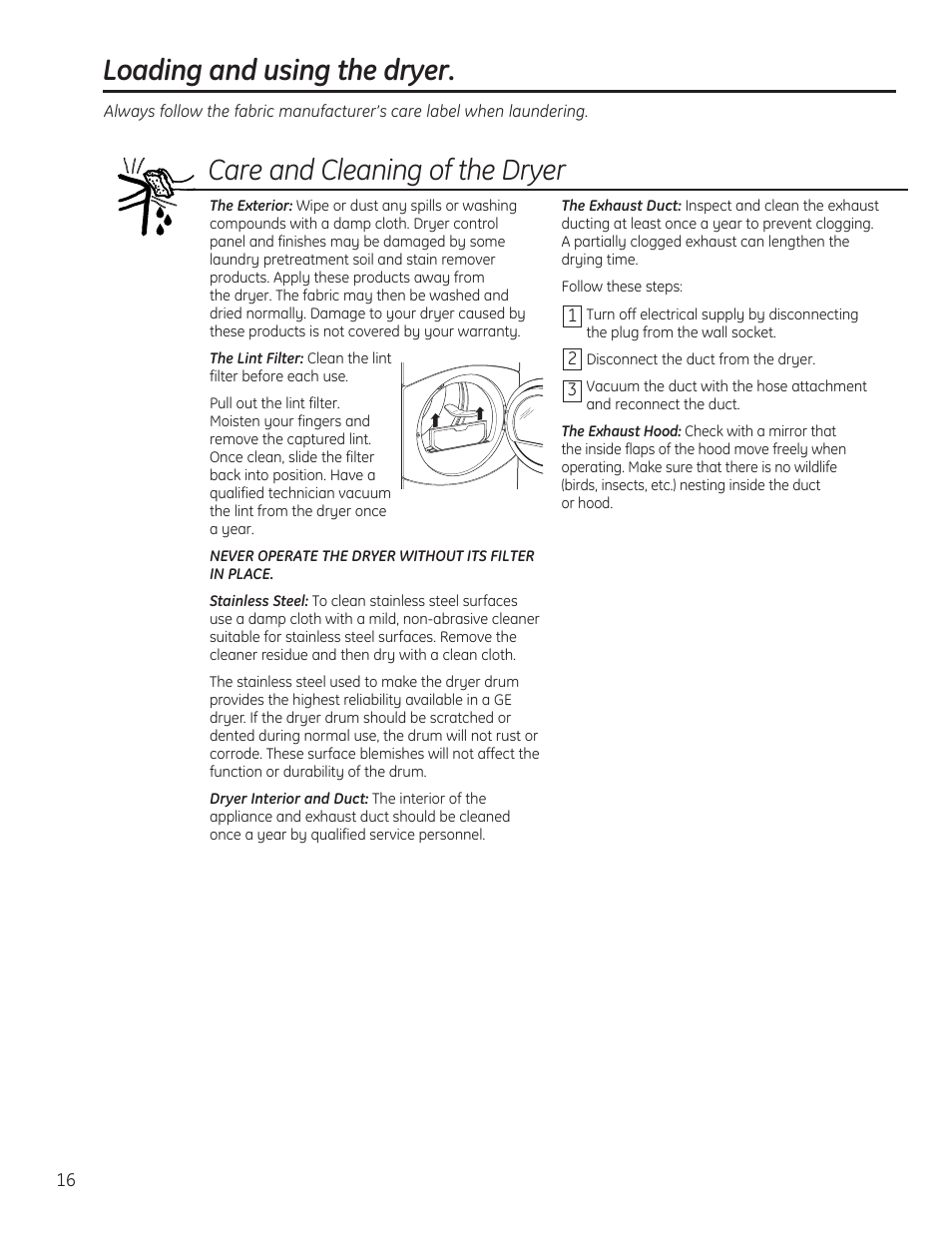 Care and cleaning of the dryer, Loading and using the dryer | GE 234D1050P001 User Manual | Page 16 / 56