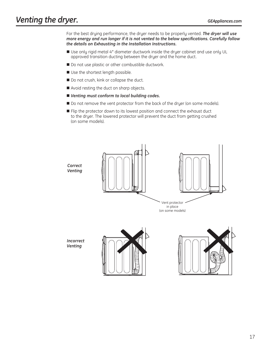 Venting the dryer | GE 234D1050P001 User Manual | Page 17 / 56