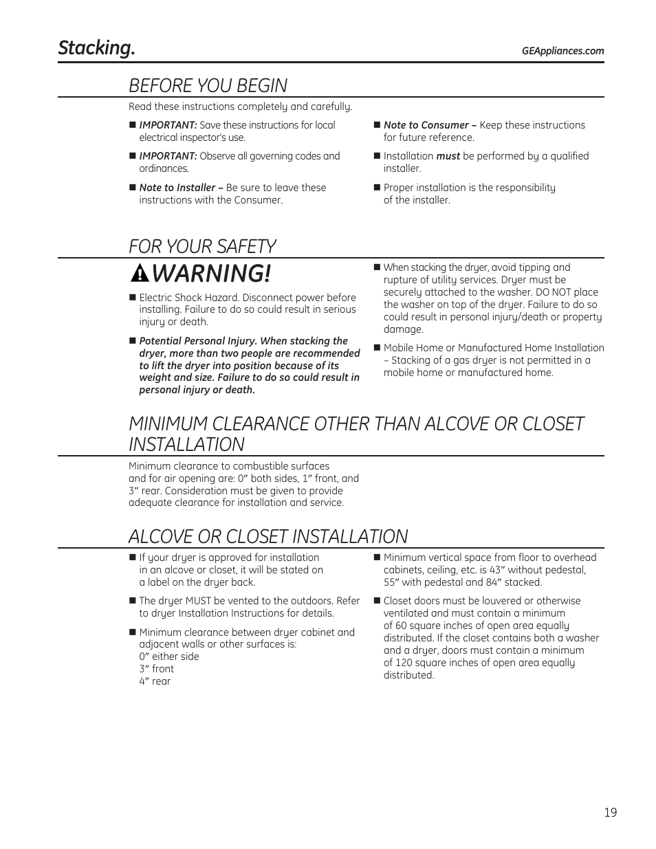 Stacking -22, Warning, Stacking | Before you begin, For your safety, Alcove or closet installation | GE 234D1050P001 User Manual | Page 19 / 56