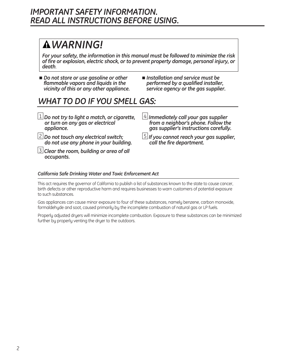 Safety instructions, Warning, What to do if you smell gas | GE 234D1050P001 User Manual | Page 2 / 56