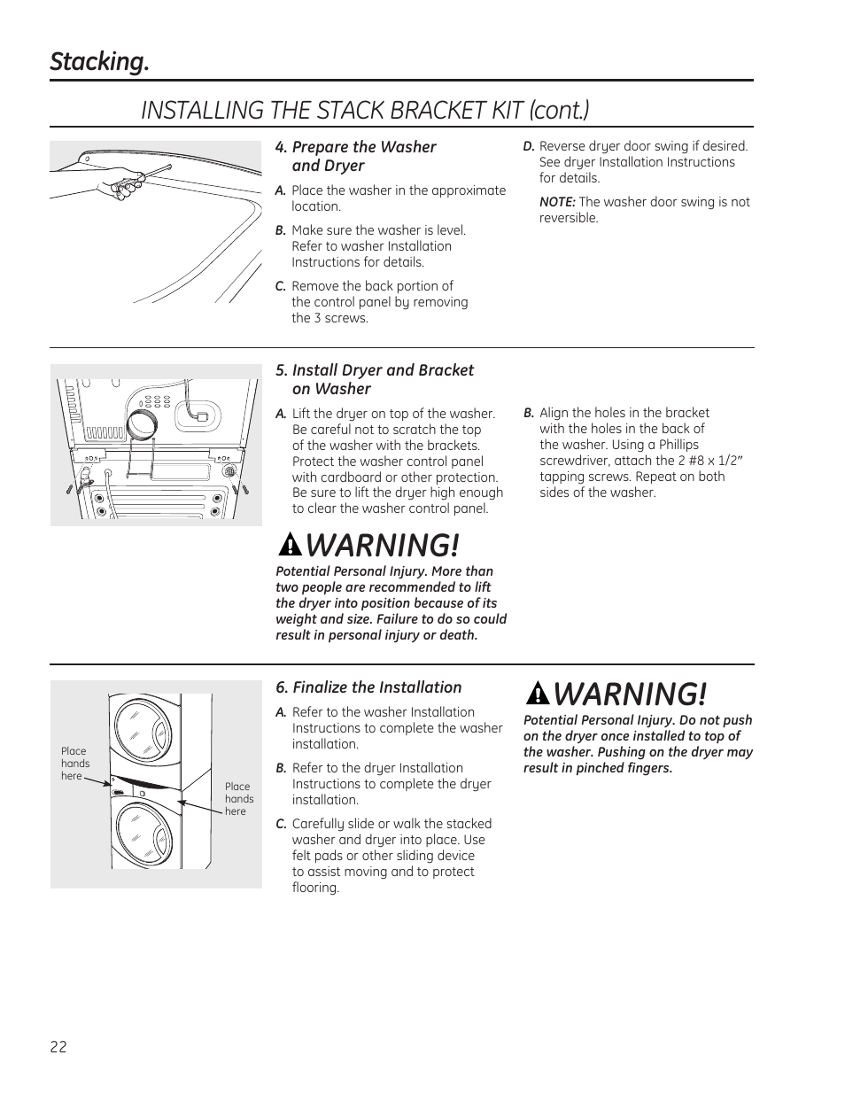 Warning, Stacking, Installing the stack bracket kit (cont.) | GE 234D1050P001 User Manual | Page 22 / 56