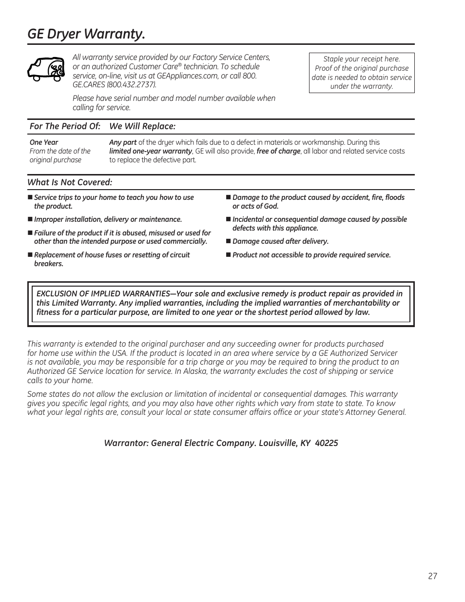 Warranty, Ge dryer warranty | GE 234D1050P001 User Manual | Page 27 / 56