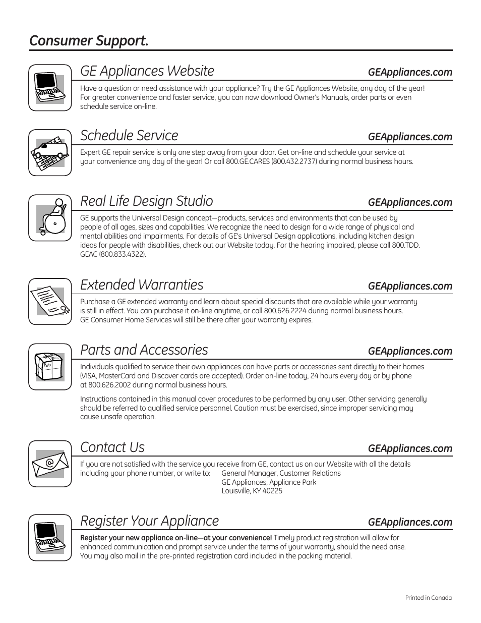 Consumer support, Consumer support. ge appliances website, Schedule service | Real life design studio, Extended warranties, Parts and accessories, Contact us, Register your appliance | GE 234D1050P001 User Manual | Page 28 / 56