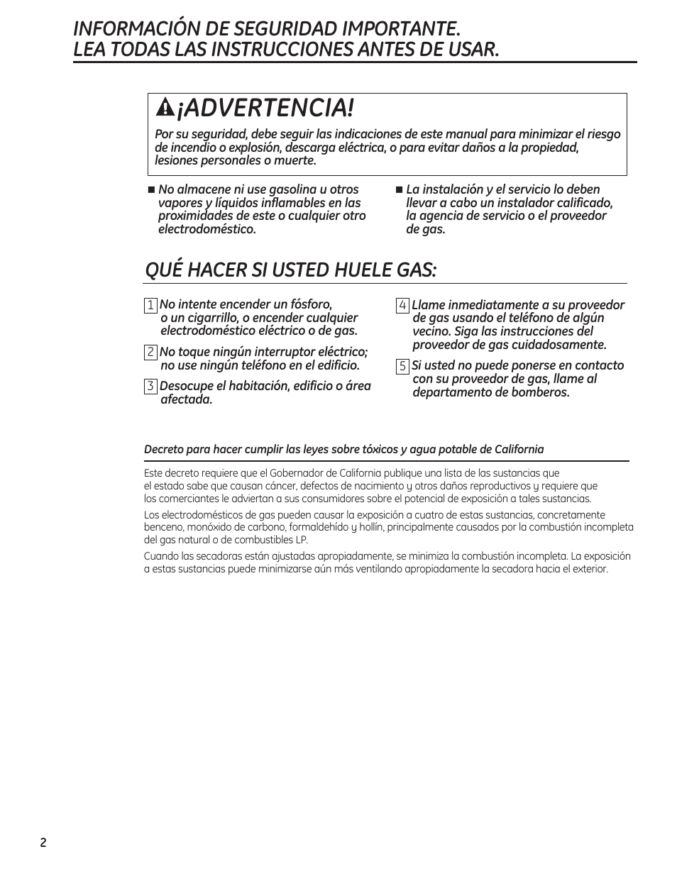 Advertencia, Qué hacer si usted huele gas | GE 234D1050P001 User Manual | Page 30 / 56
