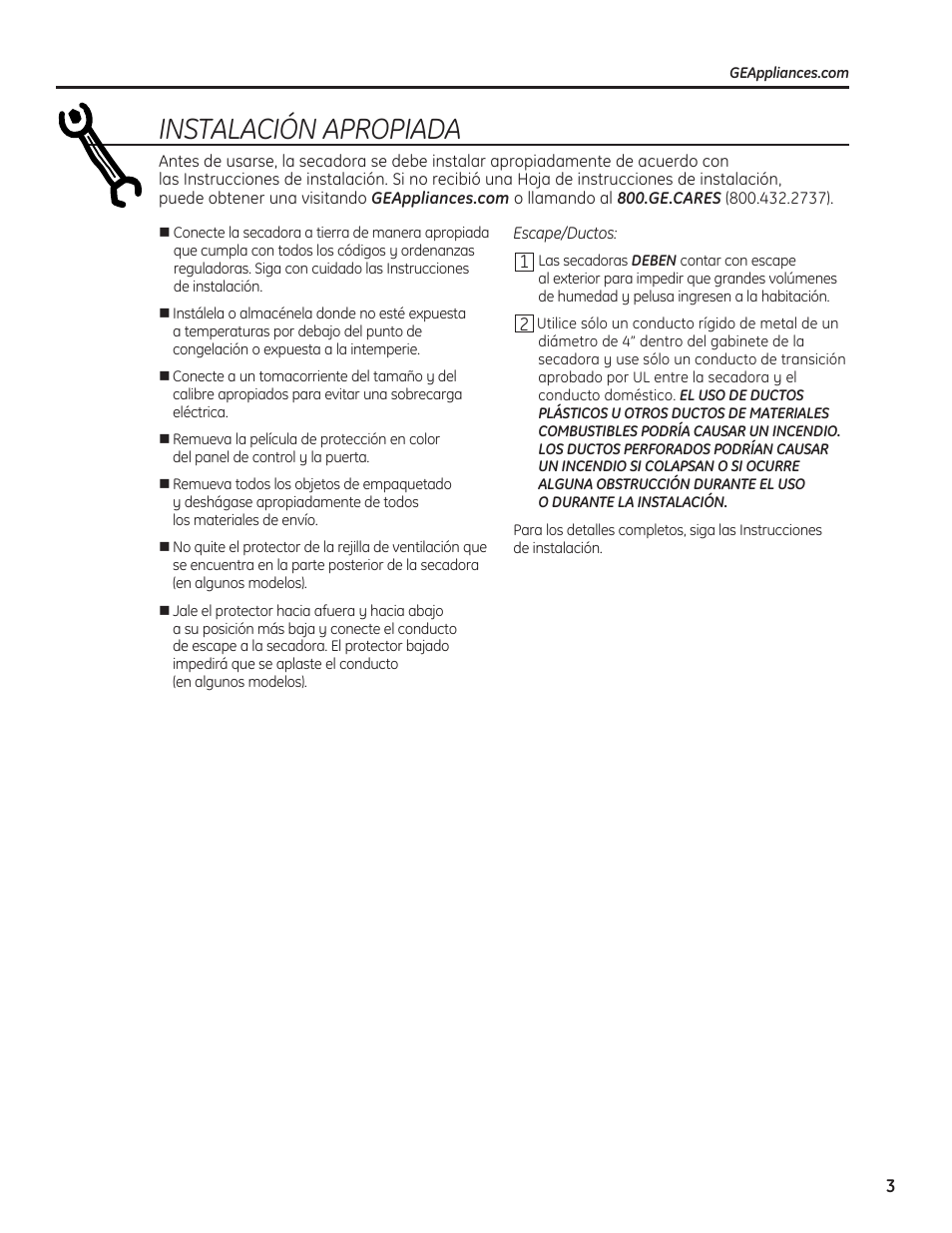 Instalación apropiada | GE 234D1050P001 User Manual | Page 31 / 56