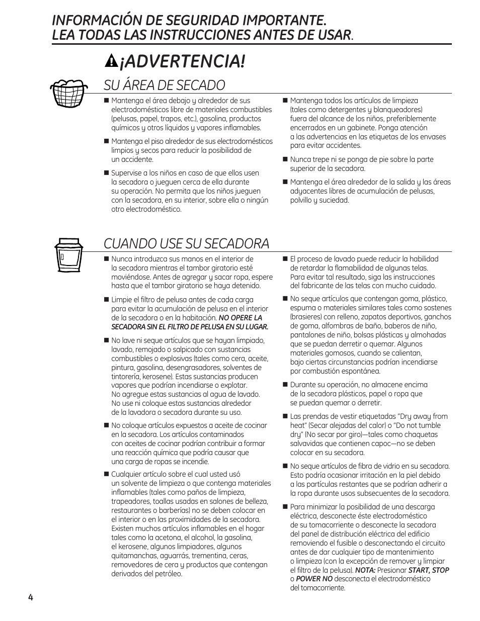 Advertencia, Su área de secado, Cuando use su secadora | GE 234D1050P001 User Manual | Page 32 / 56