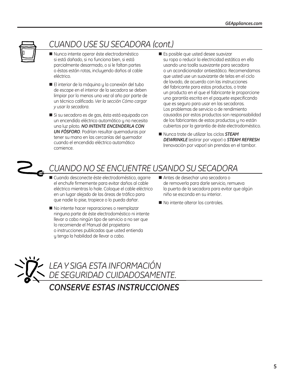 Cuando no se encuentre usando su secadora, Cuando use su secadora (cont.) | GE 234D1050P001 User Manual | Page 33 / 56