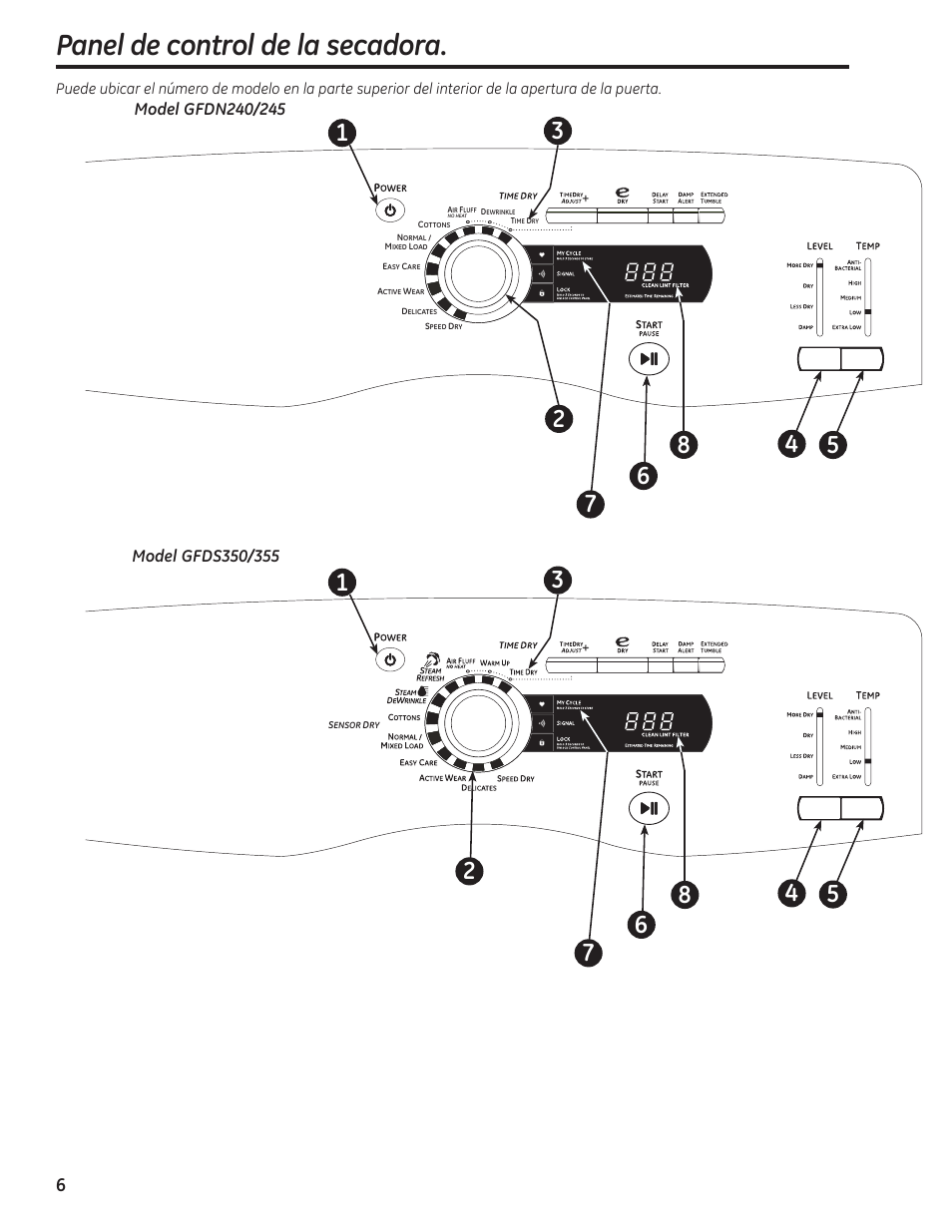 Paneles de control –8, Panel de control de la secadora | GE 234D1050P001 User Manual | Page 34 / 56