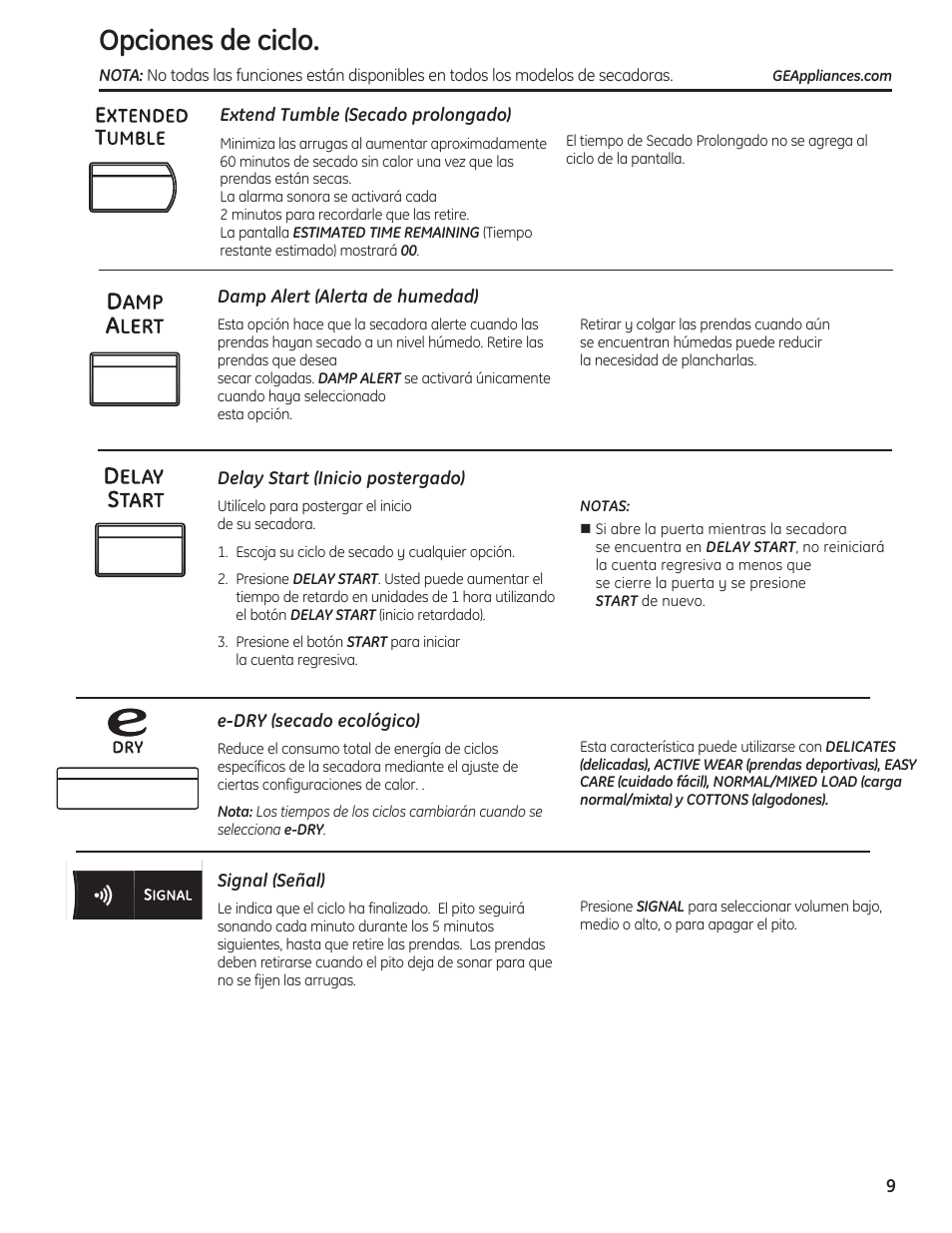 Opciones de los ciclos , 10, Opciones de ciclo | GE 234D1050P001 User Manual | Page 37 / 56