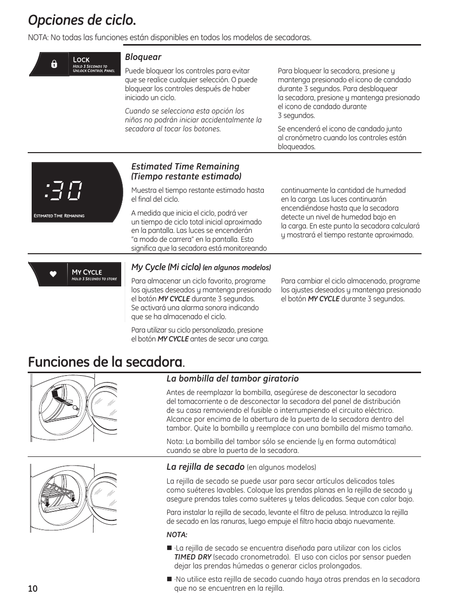 Funciones de la secadora, Opciones de ciclo | GE 234D1050P001 User Manual | Page 38 / 56