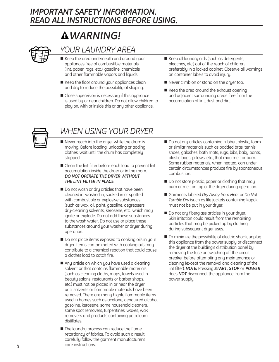 Warning, Your laundry area, When using your dryer | GE 234D1050P001 User Manual | Page 4 / 56