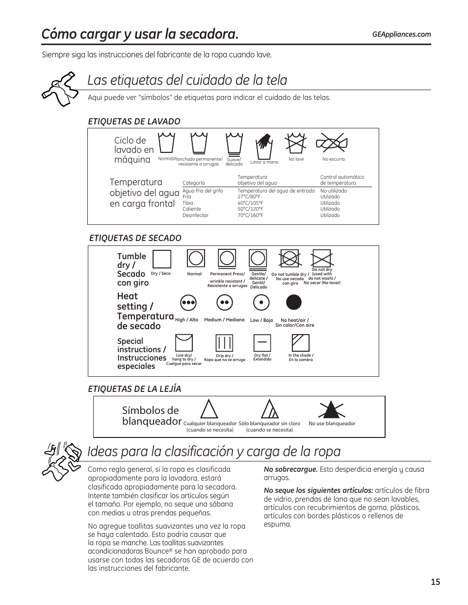 Cómo cargar y usar, La secadora , 16, Las etiquetas del cuidado de la tela | Símbolos de blanqueador, Heat setting / temperatura de secado, Ciclo de lavado en máquina, Temperatura objetivo del agua en carga frontal, Tumble dry / secado con giro | GE 234D1050P001 User Manual | Page 43 / 56