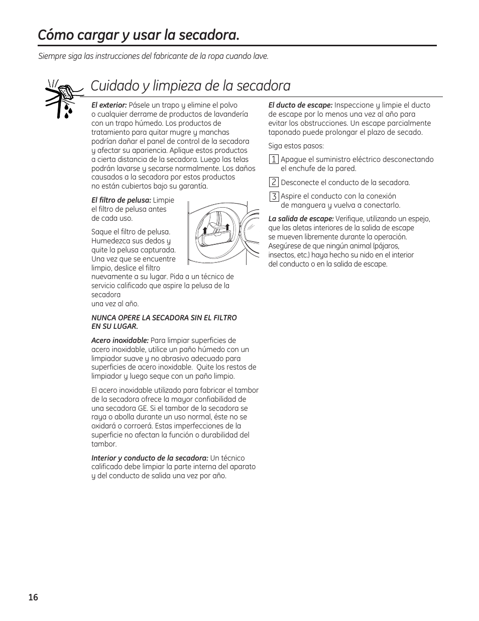 Cuidado y limpieza de la secadora, Cómo cargar y usar la secadora | GE 234D1050P001 User Manual | Page 44 / 56