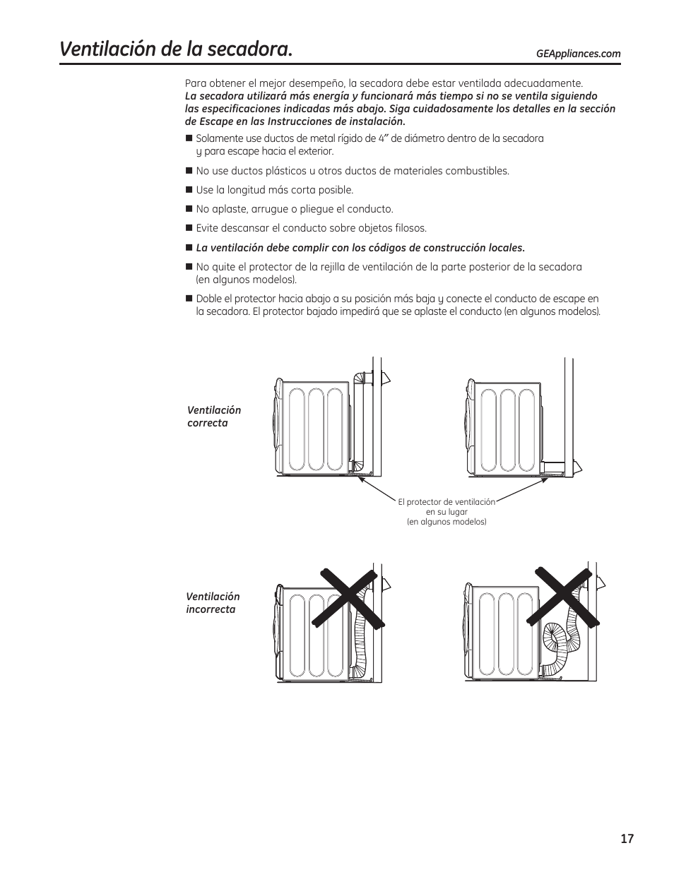 Ventilación de la secadora | GE 234D1050P001 User Manual | Page 45 / 56