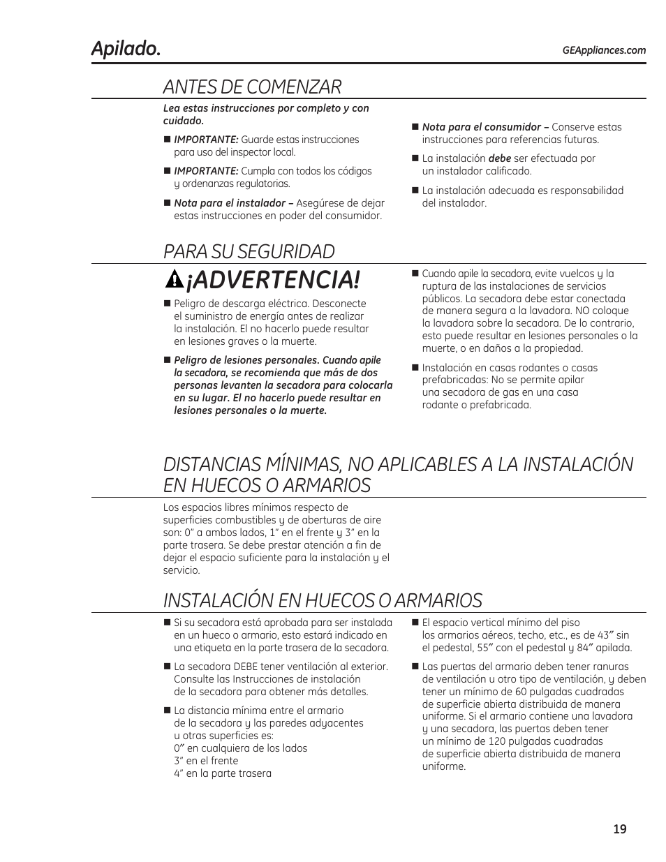 Apilado -22, Advertencia, Apilado. antes de comenzar | Para su seguridad, Instalación en huecos o armarios | GE 234D1050P001 User Manual | Page 47 / 56