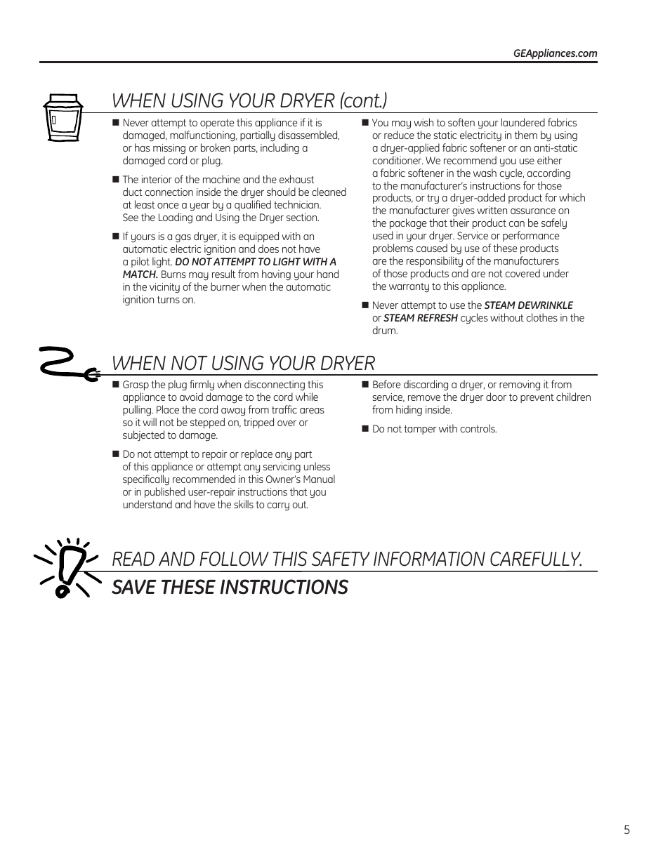 When not using your dryer, When using your dryer (cont.) | GE 234D1050P001 User Manual | Page 5 / 56