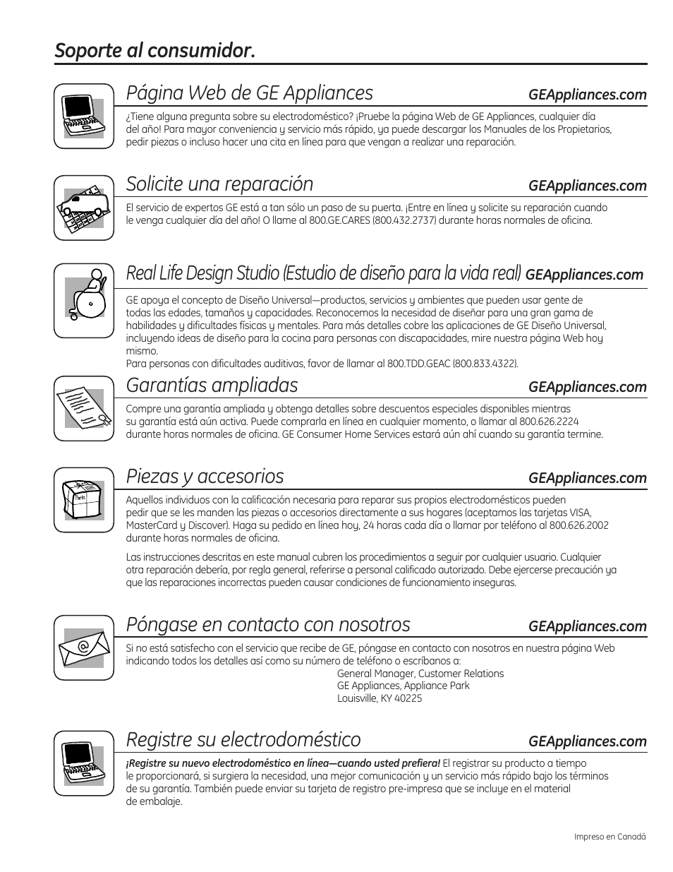 Soporte al consumidor, Soporte al consumidor. página web de ge appliances, Solicite una reparación | Garantías ampliadas, Piezas y accesorios, Póngase en contacto con nosotros, Registre su electrodoméstico | GE 234D1050P001 User Manual | Page 56 / 56