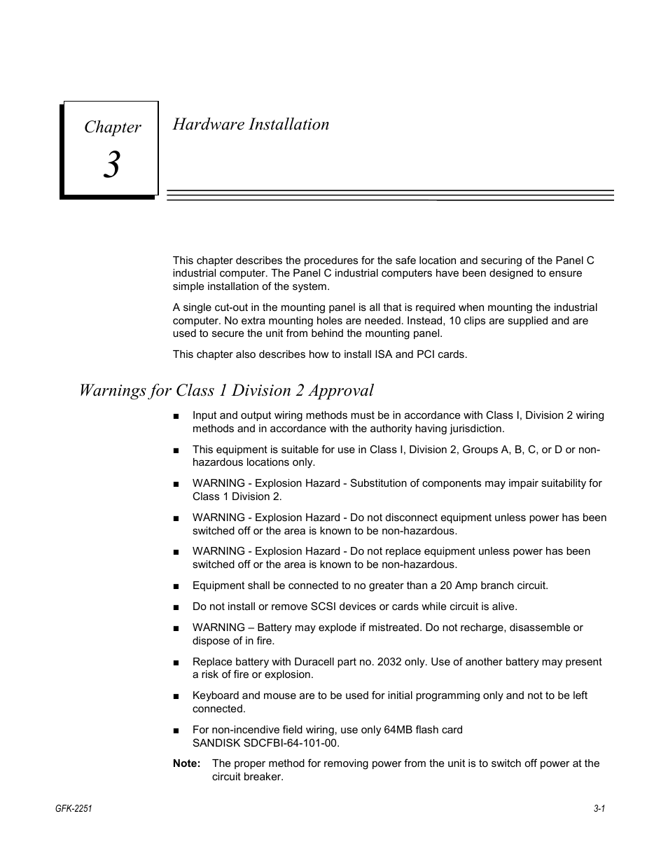Chapter 3. hardware installation, Warnings for class 1 division 2 approval, Hardware installation | Chapter | GE Panel C GFK-2251 User Manual | Page 25 / 62