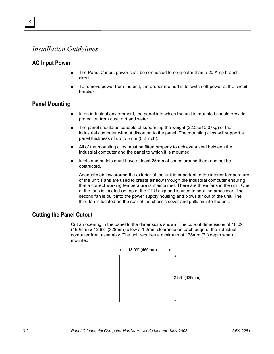 Installation guidelines, Ac input power, Panel mounting | Cutting the panel cutout | GE Panel C GFK-2251 User Manual | Page 26 / 62