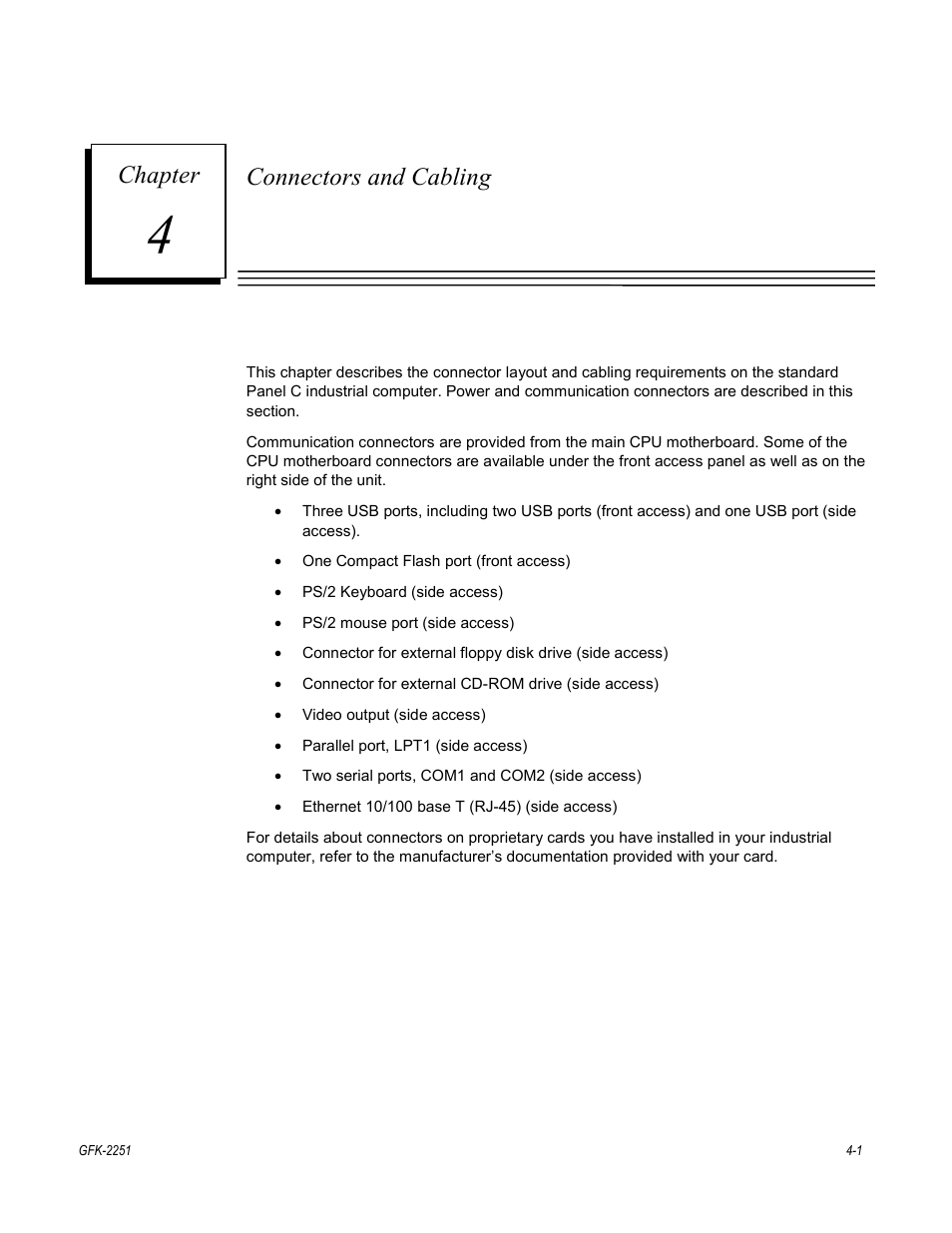 Chapter 4. connectors and cabling, Connectors and cabling, Chapter | GE Panel C GFK-2251 User Manual | Page 31 / 62
