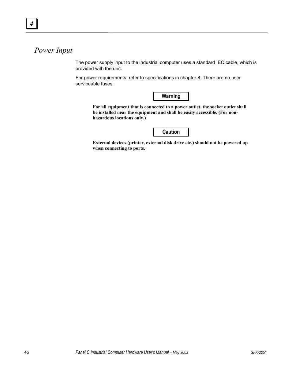 Power input | GE Panel C GFK-2251 User Manual | Page 32 / 62