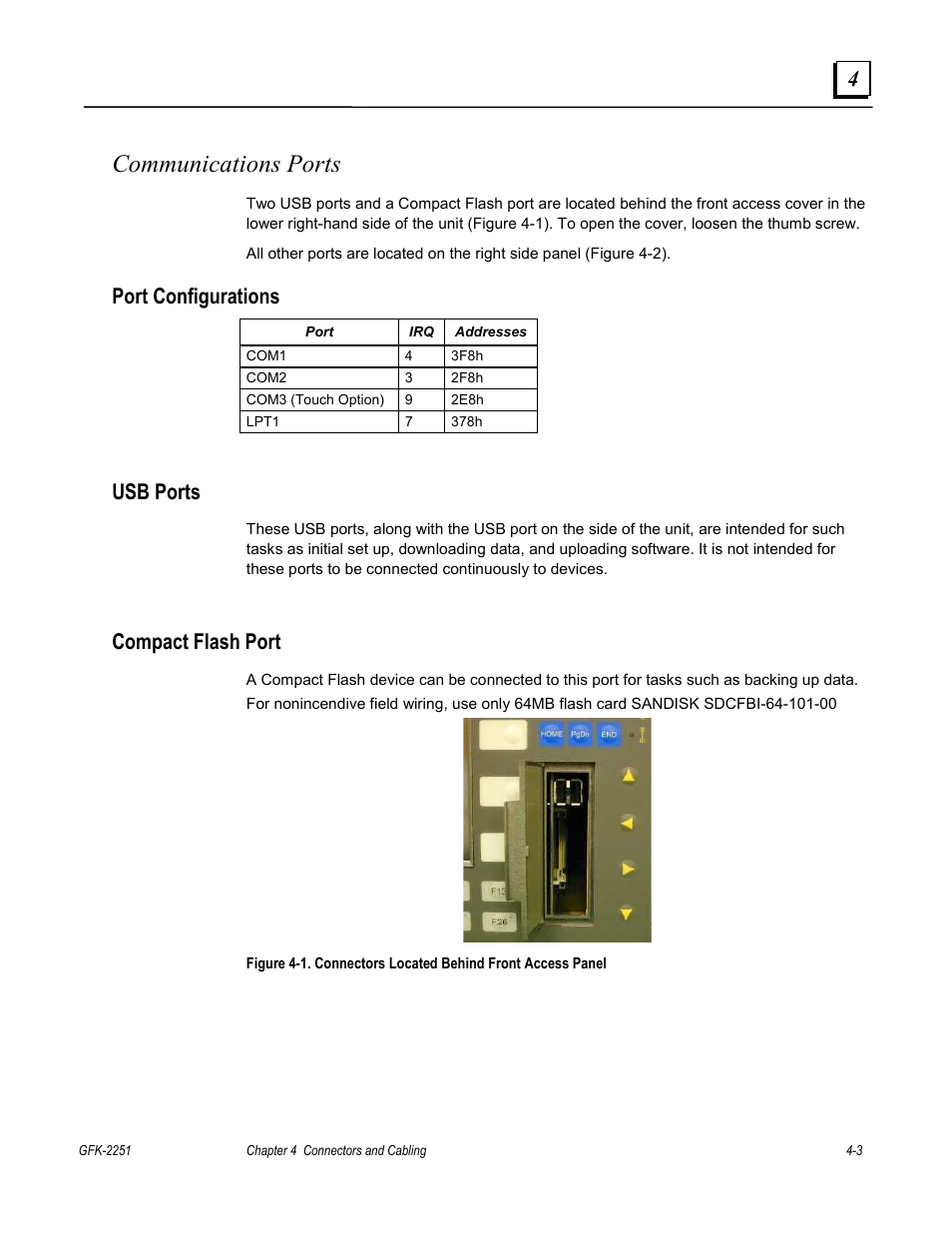 Communications ports, Port configurations, Usb ports | Compact flash port | GE Panel C GFK-2251 User Manual | Page 33 / 62