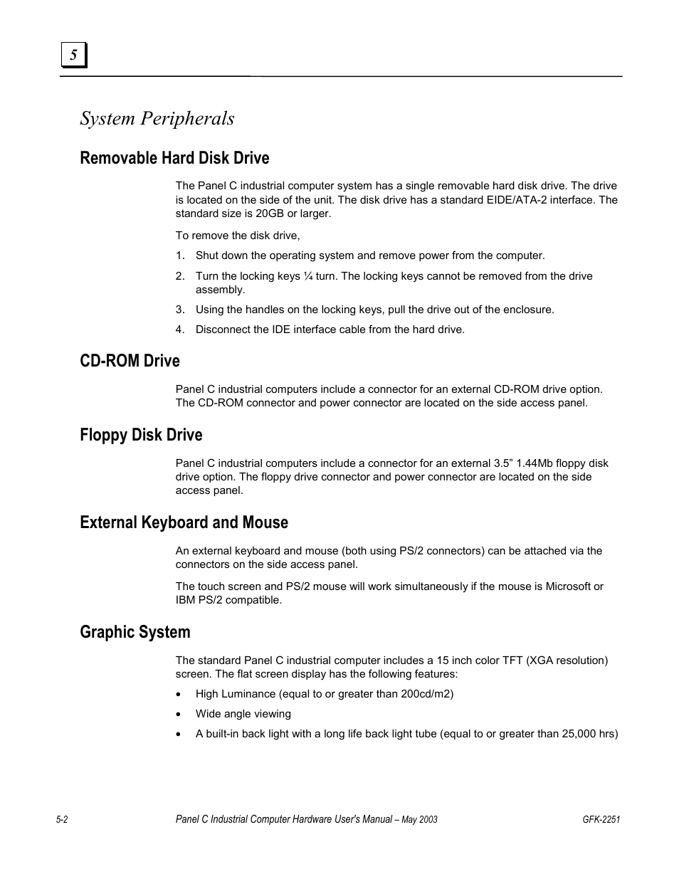 System peripherals, Removable hard disk drive, Cd-rom drive | Floppy disk drive, External keyboard and mouse, Graphic system | GE Panel C GFK-2251 User Manual | Page 43 / 62