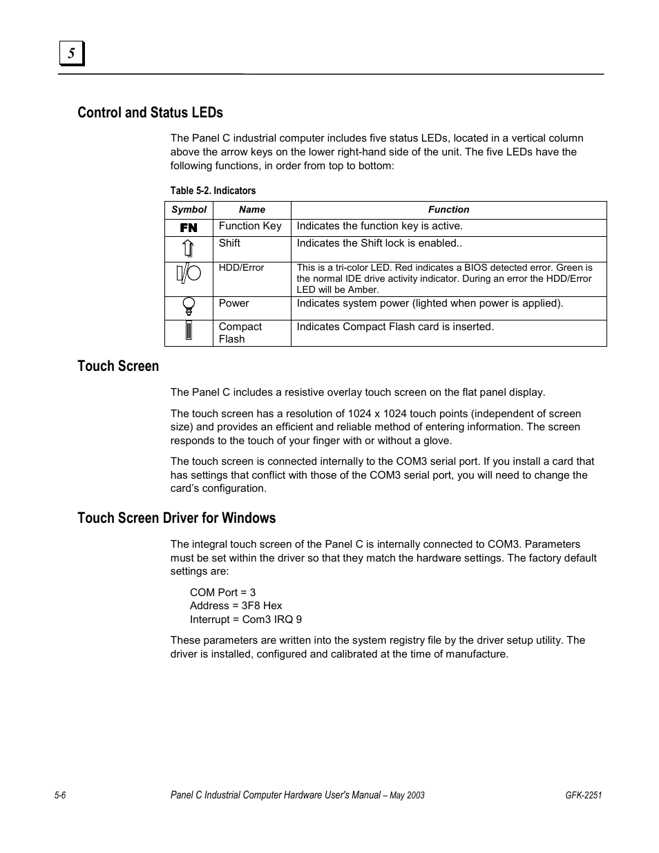 Control and status leds, Touch screen, Touch screen driver for windows | GE Panel C GFK-2251 User Manual | Page 47 / 62