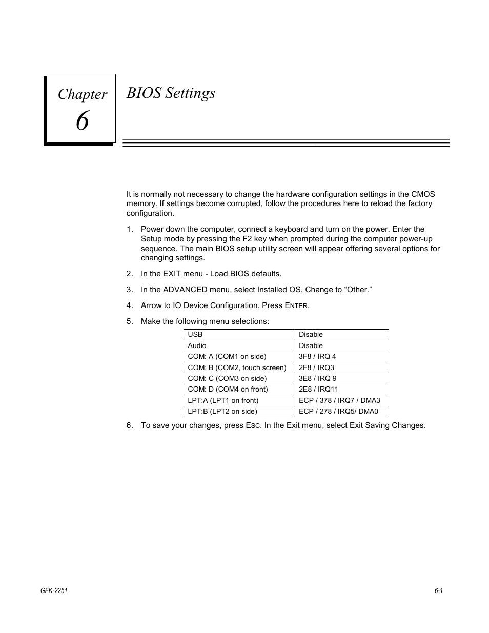 Chapter 6. bios settings, Bios settings, Chapter | GE Panel C GFK-2251 User Manual | Page 49 / 62