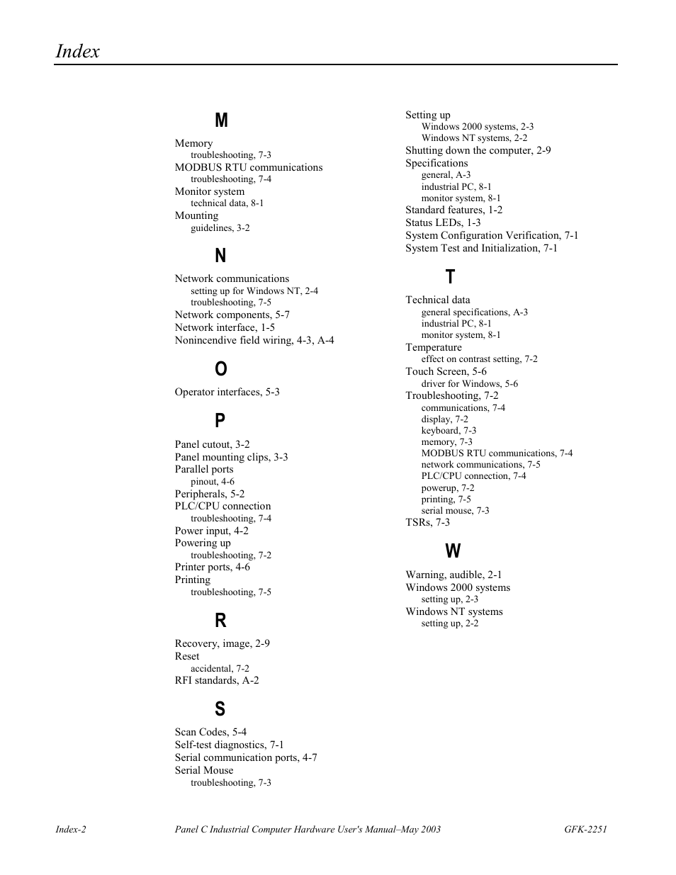 Index | GE Panel C GFK-2251 User Manual | Page 62 / 62