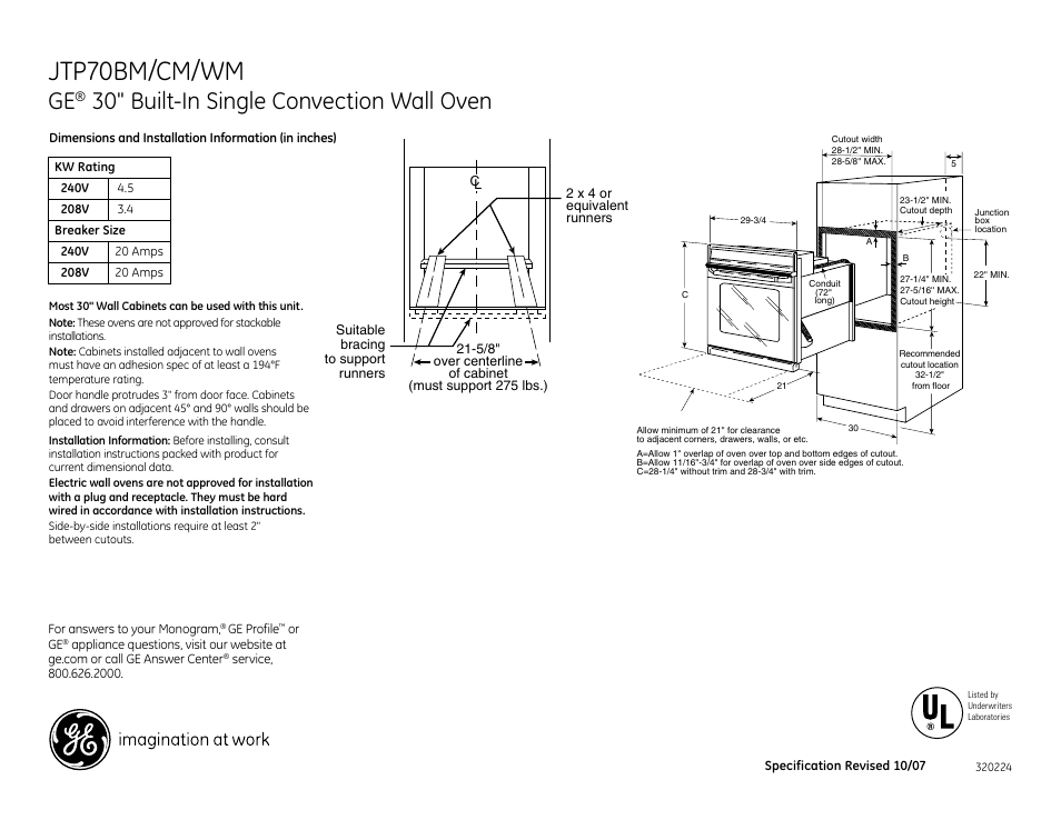 GE JTP70CM User Manual | 3 pages