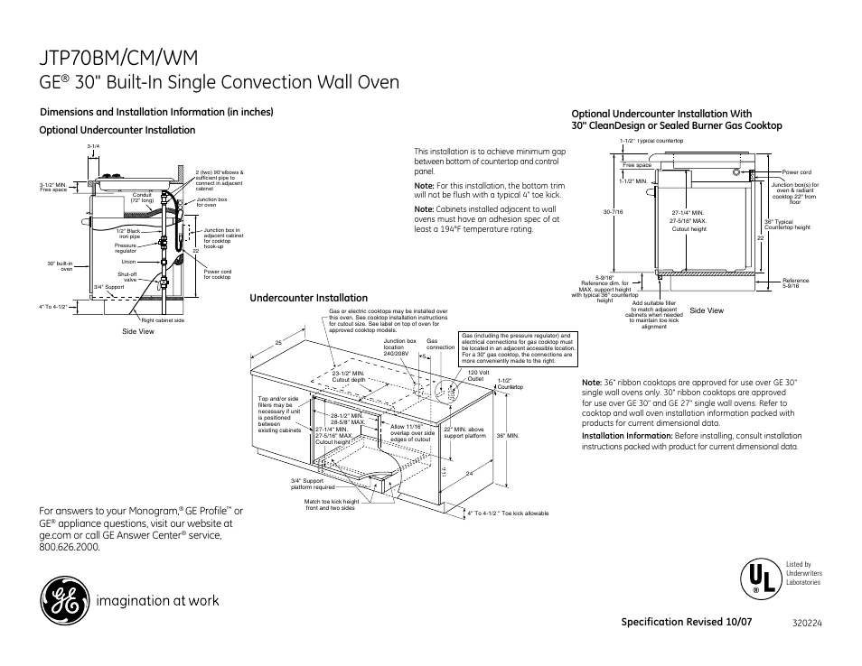 Jtp70bm/cm/wm, 30" built-in single convection wall oven, Ge profile | Or ge, Specification revised 10/07, Undercounter installation | GE JTP70CM User Manual | Page 2 / 3