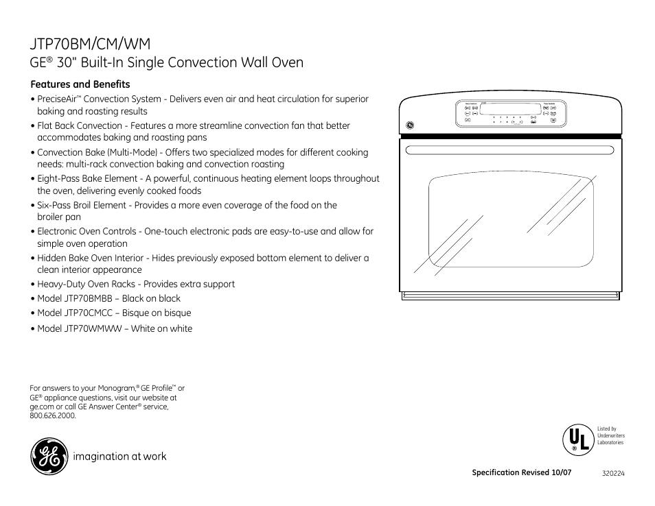 Jtp70bm/cm/wm, Jtp70wm/cm/bm, 30" built-in single convection wall oven | GE JTP70CM User Manual | Page 3 / 3