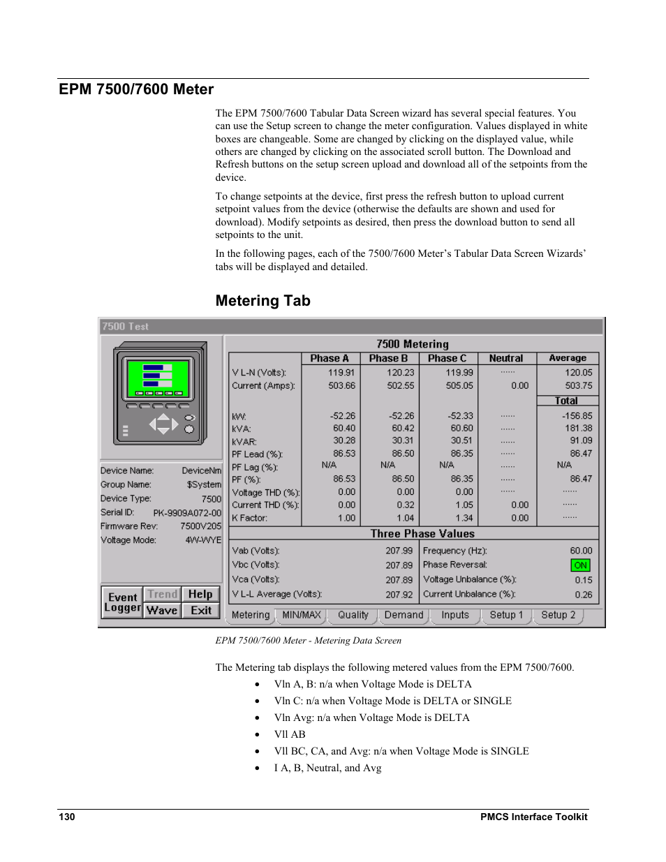 Epm 7500/7600 meter, Metering tab, Epm 7500/7600 m | Eter | GE EPM9450Q User Manual | Page 138 / 304