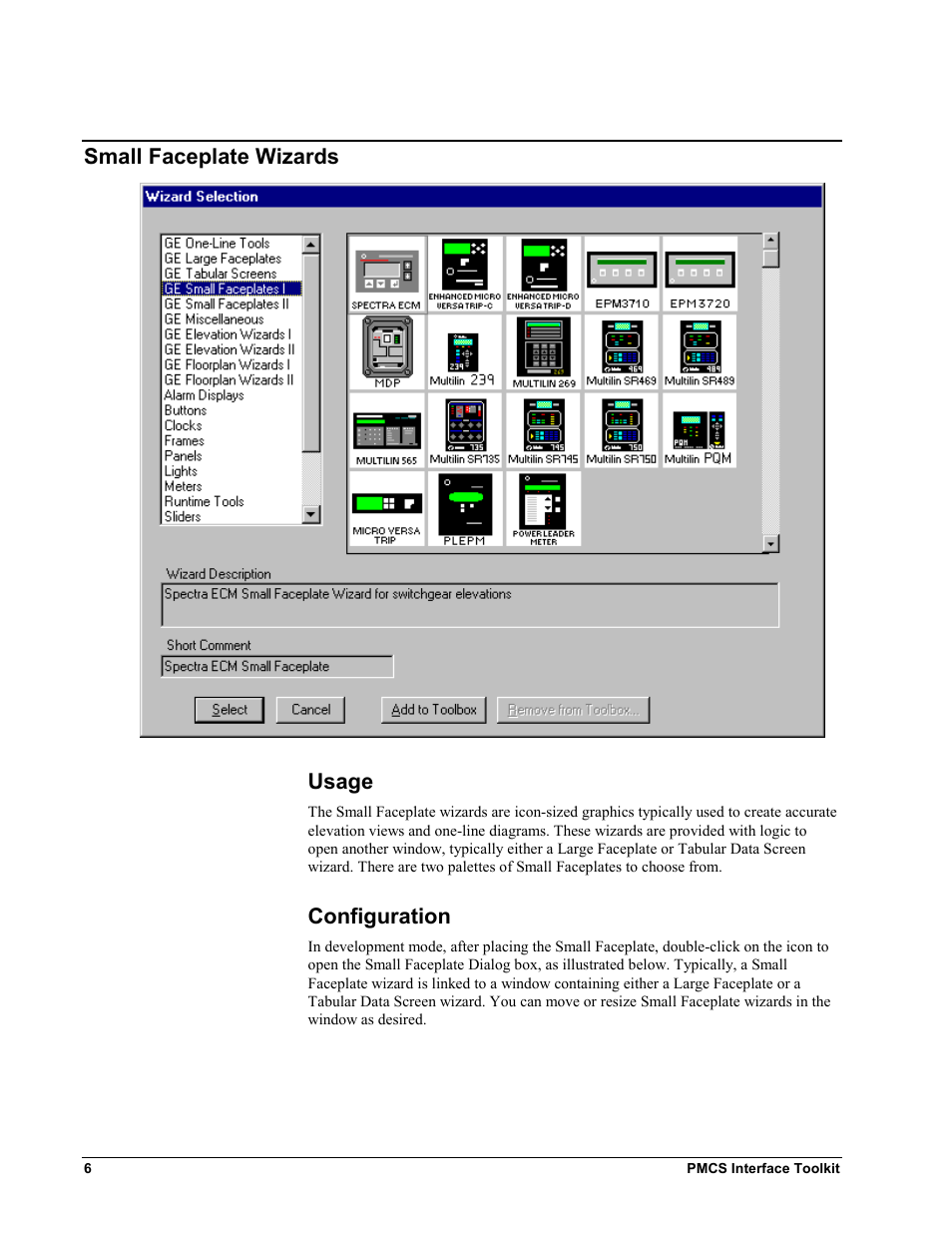 Small faceplate wizards, Usage, Configuration | Mall, Aceplate, Izards, Usage configuration, Small faceplate wizards usage | GE EPM9450Q User Manual | Page 14 / 304