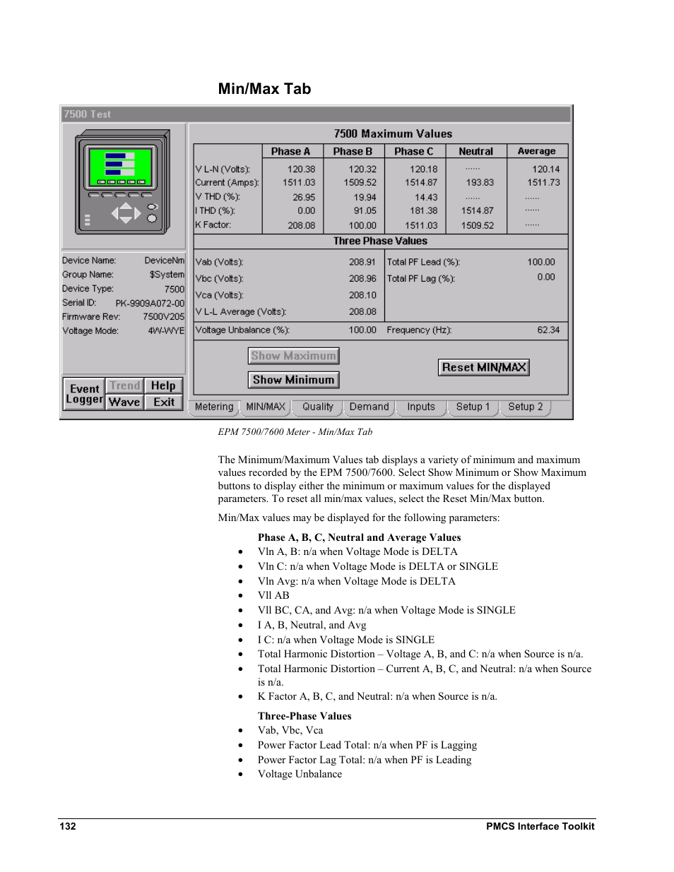 Min/max tab | GE EPM9450Q User Manual | Page 140 / 304