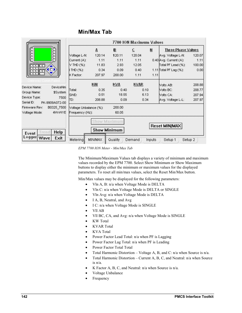 Min/max tab | GE EPM9450Q User Manual | Page 150 / 304